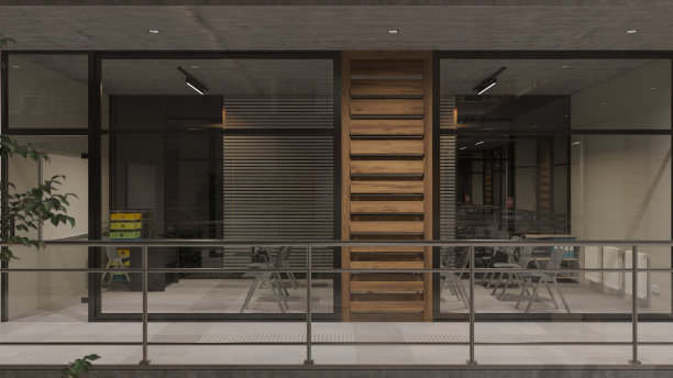 内阳台后面的夜晚灯火通明的空会议室图片下载