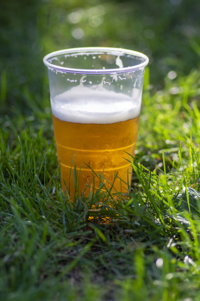 金色可口的酒精啤酒放在塑料坩埚里，在绿色草坪上的草叶上晒太阳，不环保图片下载