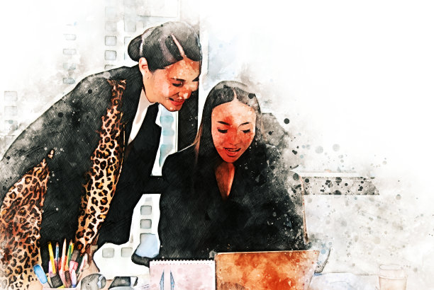 抽象色彩的欢乐乐趣两个商业女人聊天和乐趣在办公室的水彩插图画的背景。图片下载