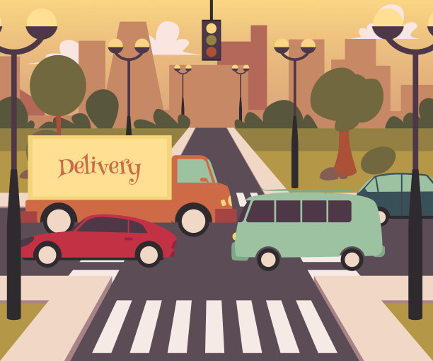 在现代城市繁忙的人行横道，道路交通与公共汽车，卡和送货卡车素材图片