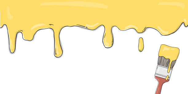 创意框架与刷子和油漆在白色背景。黄色油漆散开并滴下来。图片下载