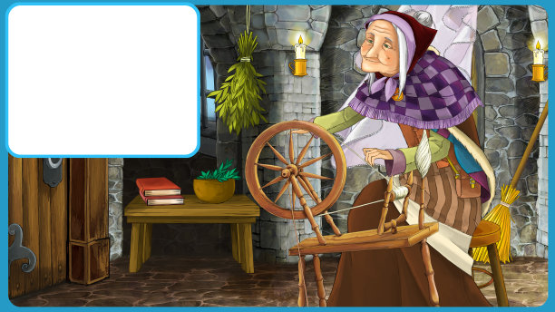 城堡房间里女巫般的老妇人的卡通场景-以框架为文本图片下载