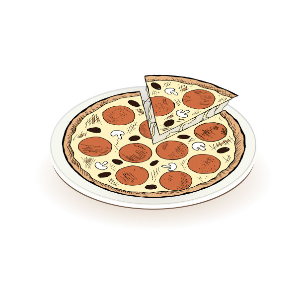 白盘子里的披萨。奶酪，蘑菇，橄榄，手绘，彩色艺术设计股票矢量插图图片下载