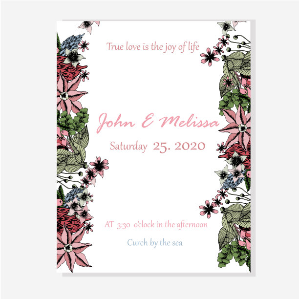 花的婚礼邀请，粉红色的花，绿色的苔藓，矢量卡模板在白色背景手绘美丽的股票矢量插图图片下载
