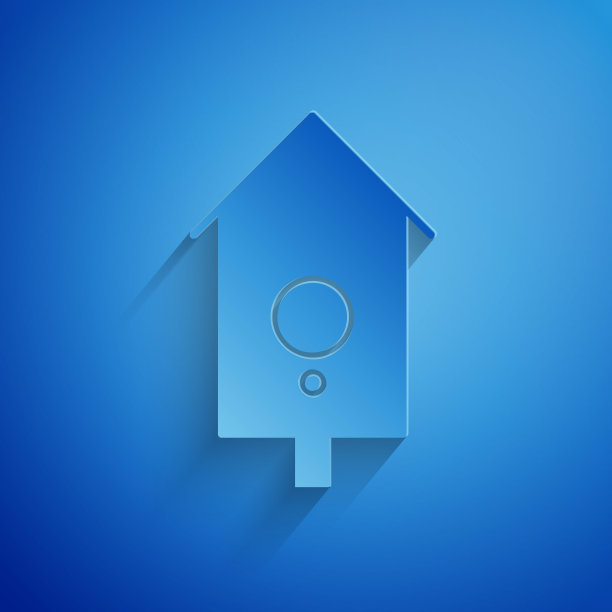 剪纸复古墙手表图标孤立在蓝色背景。布谷鸟钟的迹象。古老的摆钟。纸艺术风格。矢量图图片下载