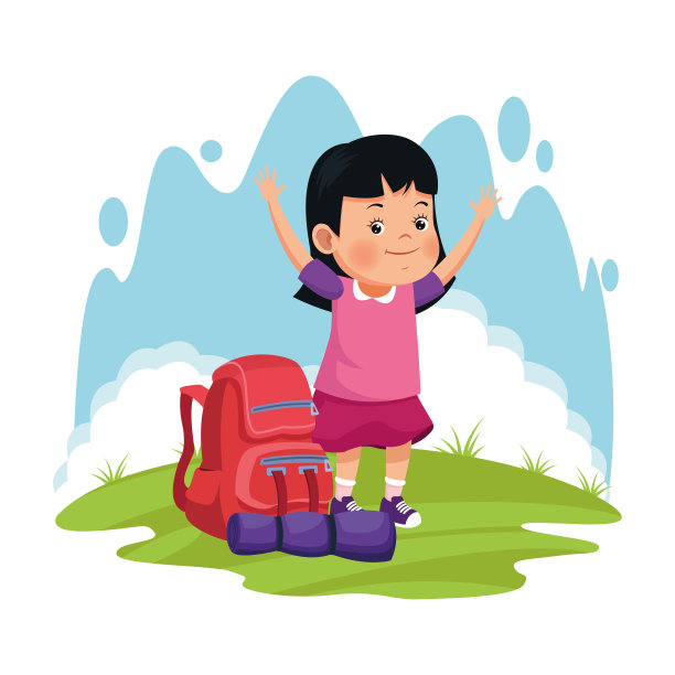 卡通快乐的女孩与露营背包和睡袋图片下载