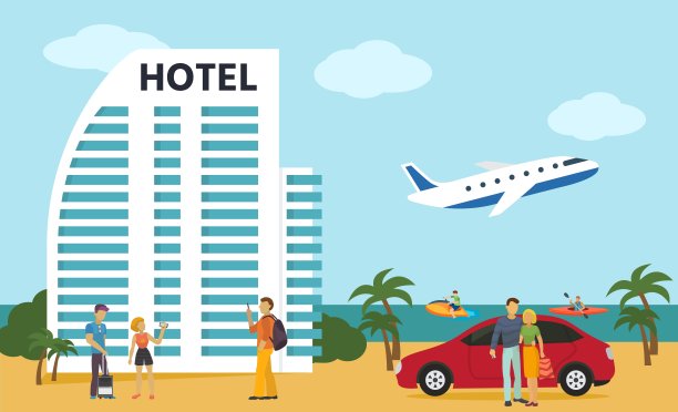 人们来这里避暑、海滩度假和水上活动，通过飞机和汽车矢量插图。游客们在海边的酒店大楼前拍照。图片下载