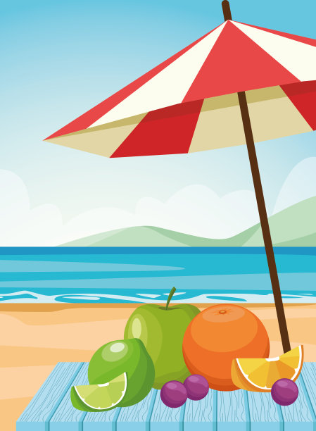 海滩上的水果和阳伞，五颜六色的设计图片下载