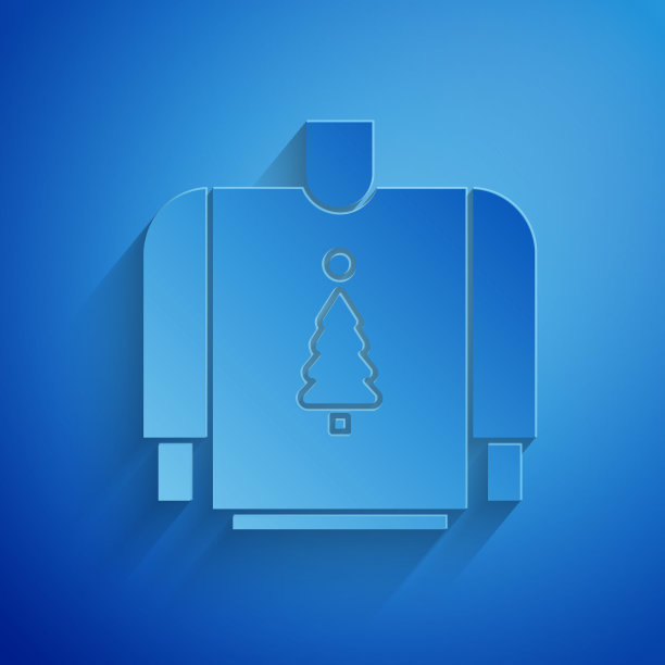 剪纸圣诞毛衣与挪威的装饰品和节日装饰图标孤立在蓝色的背景。针织冬季跳投。纸艺术风格。矢量图图片下载