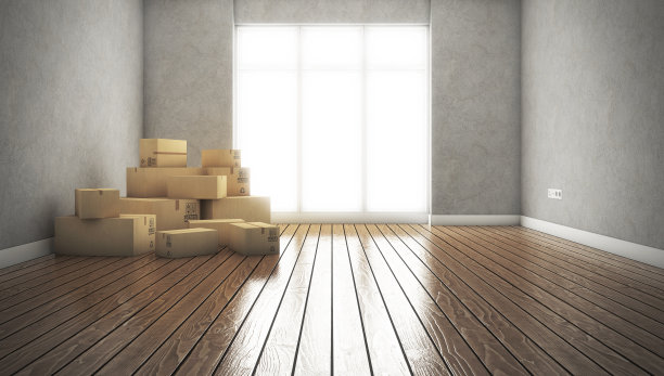 空房间里有纸板箱。搬到新房子里去。三维渲染图片下载