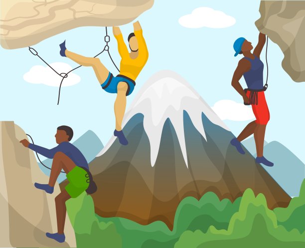 三个装备的人男人登山运动员攀登岩石悬崖平坦矢量插图。登山极限运动运动概念。高山雪峰为背景。图片下载