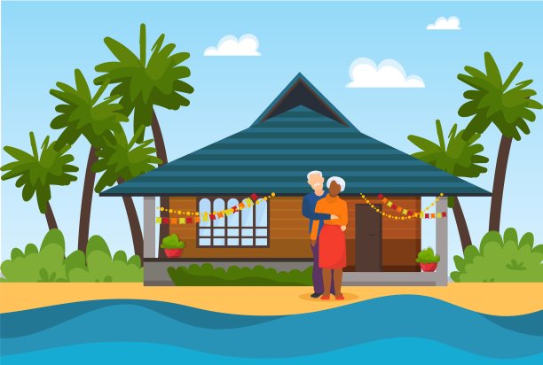 一对老年夫妇在海滩附近的海水矢量图。美丽装饰的房子背景。旅行休息或庆祝结婚纪念日。图片下载