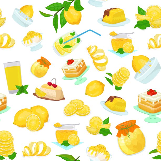 柠檬水果食品糖果甜点图案平面风格矢量插图。黄柠檬柑橘蛋糕，果酱，冰淇淋，饼干，切片和叶子，果汁，柠檬水。图片下载