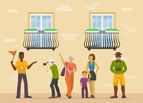 旅游人士与导游城市游览矢量插图。房屋正面附近的家庭或游客团体。游客观光，拍照。图片下载