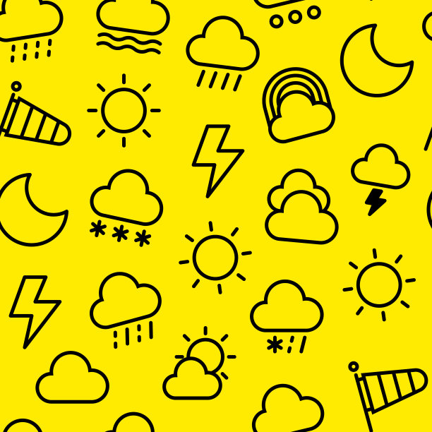 天气无缝模式。平面图标:雨、阴天、部分阴天、雾、雪、雷暴、冰雹、雨夹雪、彩虹。矢量插图的移动应用程序或小部件。图片下载