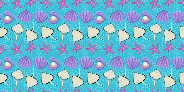 海洋生物。贝类，海马，黄貂鱼。向量无缝模式图片下载