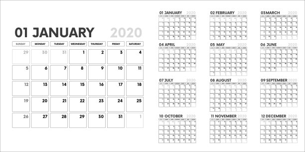 2020年日历。日历模板上的白色背景。可用的可编辑矢量文件。英文和周日至周一版本。一套12个月。向量图片下载
