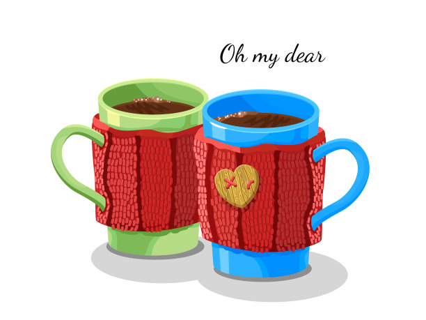 两杯热饮和蒸汽，针织围巾和心形按钮的杯子。矢量图图片下载