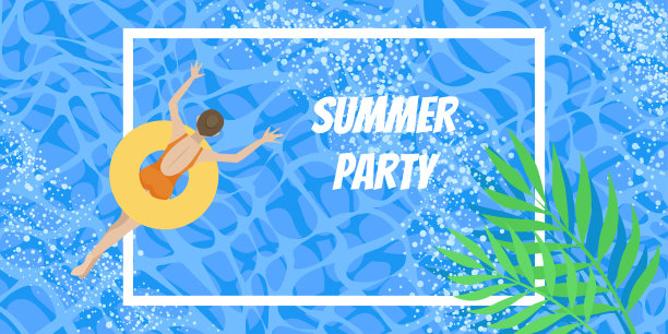 池夏日派对。人们在蓝色的水里游泳。说明背景。图片下载