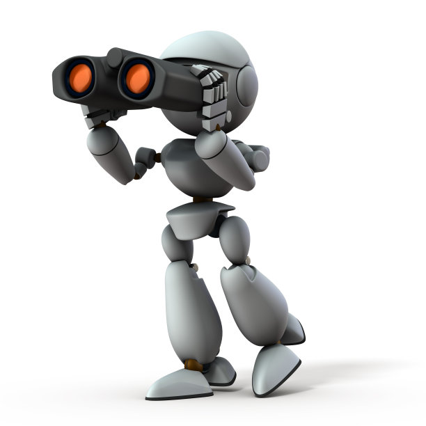 人工智能机器人正在使用双筒望远镜展望未来。白色背景。3 d演示。图片下载
