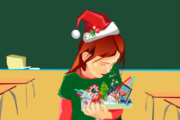 年轻的女孩在学校穿着绿色的毛衣和拿着圣诞盒子图片下载