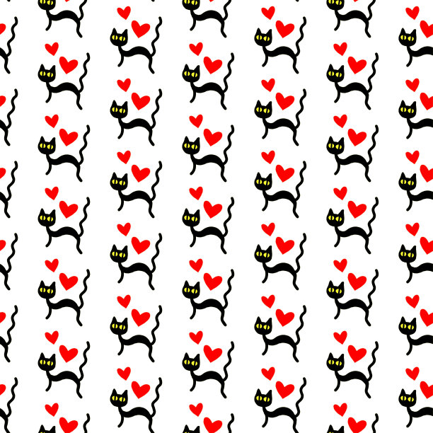 可爱的无缝图案与心和猫。浪漫的纹理背景，包装纸，包装，贺卡，印刷品，封面，织物，纺织品，生日，情人节，万圣节图片下载
