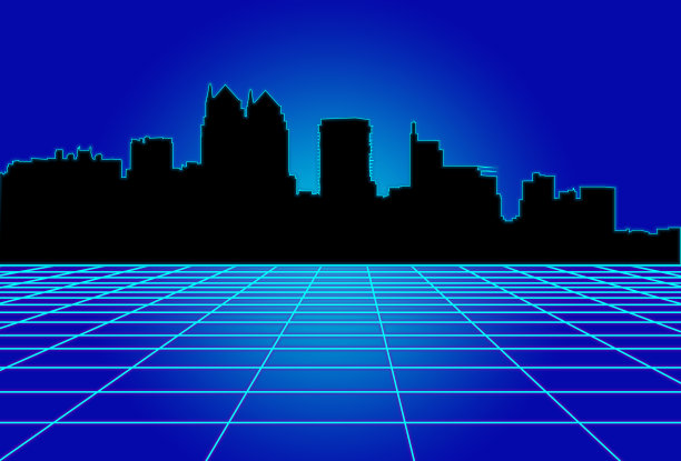 80年代科幻小说，蓝色背景配黑色城市景观。未来插画或海报模板。Synthwave横幅图片下载