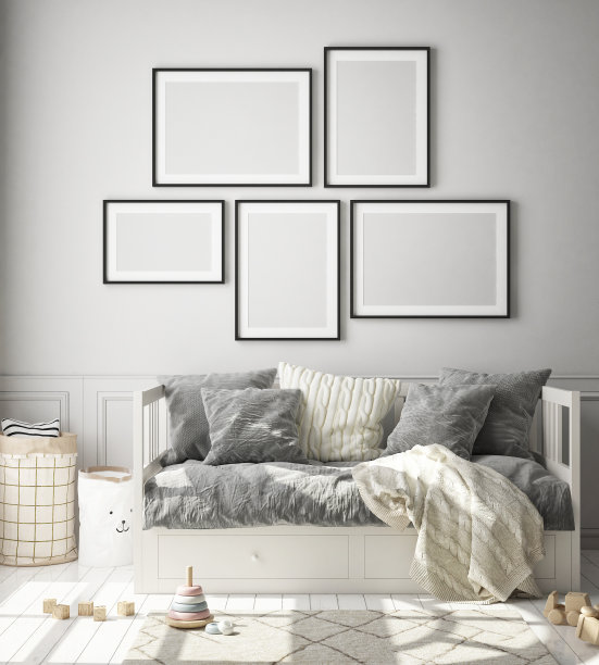 模拟海报框架在儿童卧室，斯堪的纳维亚风格的室内背景，3D渲染图片下载