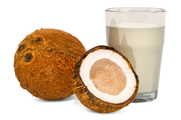 一杯椰子汁与椰子汁，3D渲染孤立的白色背景图片下载