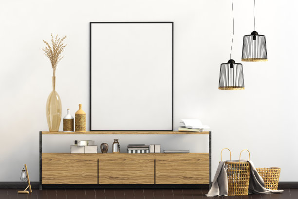 带有梳妆台的现代室内装潢。海报的模拟。3 d演示。图片下载