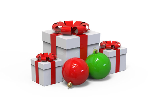 圣诞礼盒装饰彩色球，模拟模板上孤立的白色背景，3d插图图片下载