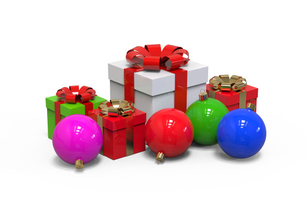 圣诞礼盒装饰彩色球，模拟模板上孤立的白色背景，3d插图图片下载