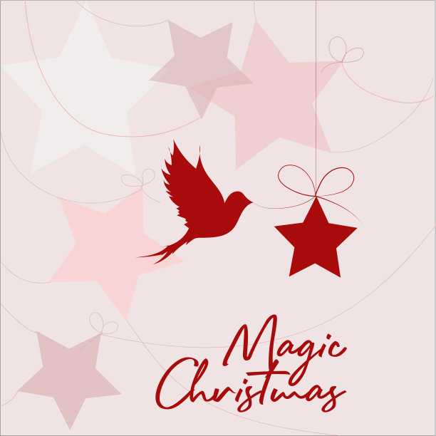 一只红色的鸟把红色的圣诞星系在粉红色星星的软背景上。刻字神奇的圣诞节。图片下载