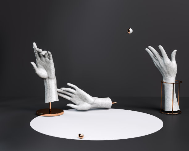 抽象手势雕塑，古董雕像部分，创意黑白背景，舞台或讲台概念，3d渲染图片下载