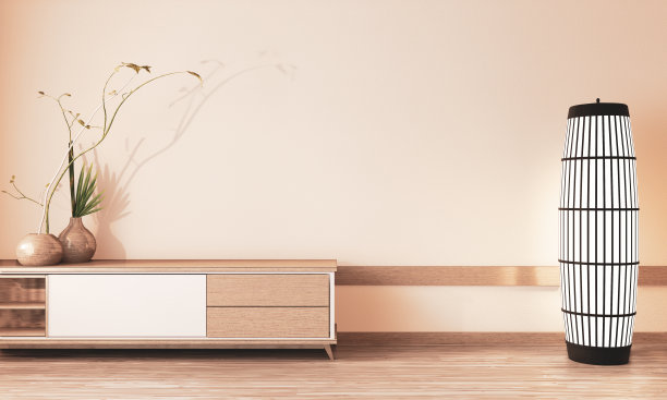 空房间非常禅意用木柜子和装饰木花瓶设计，大地色调。三维渲染图片下载