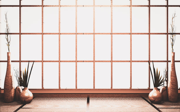 房间旧风格的空景窗背景，榻榻米地板上有植物花瓶木制装饰。三维渲染图片下载