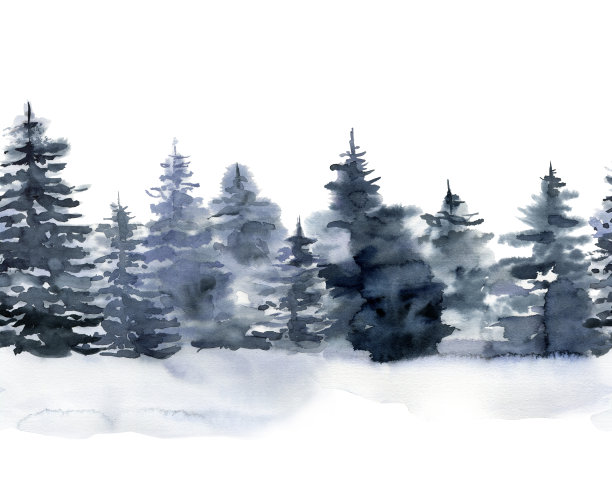 水彩无缝边界与冬季森林。手绘雾冷杉树插图孤立在白色的背景。假日剪贴艺术的设计，印刷，织物或背景。圣诞贺卡。图片下载