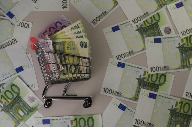 购物车与各种面额的欧元钞票图片下载