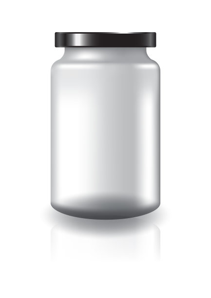空白透明圆罐，黑色盖，大尺寸补充剂或食品。孤立在白色背景与反射阴影。可用于包装设计。矢量插图。图片下载