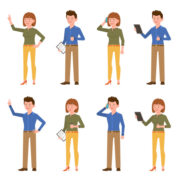 微笑，可爱的蓝色衬衫办公室的男人和绿色顶部的女人矢量插图。站着与平板电脑，笔记，咖啡，显示胜利标志，打电话男孩和女孩卡通人物设置在白色图片下载