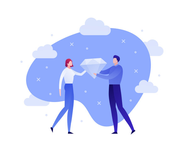 矢量平家庭礼品人插图。在蓝天的背景下，男性给女性巨大的钻石。纪念日、爱情、情人节的概念。为横幅，海报，信息图表设计人物元素图片下载