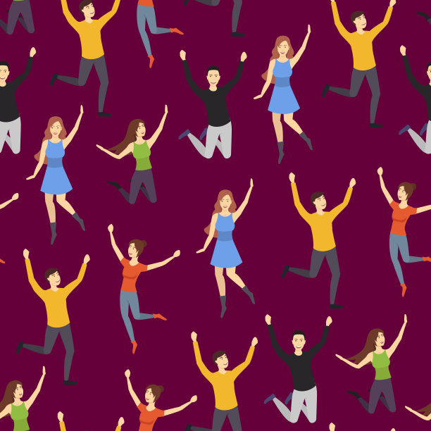 卡通人物群跳跃无缝图案背景。向量图片下载