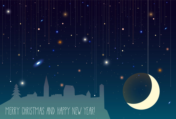 圣诞快乐，恭贺新禧。贺卡与月亮，黑暗的天空，星星，银河，老城。圣诞节的晚上。适合做横幅，贺卡。图片下载