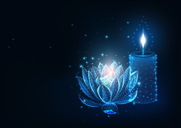 未来水疗，放松概念与发光的低多边形荷花和燃烧的蜡烛图片下载
