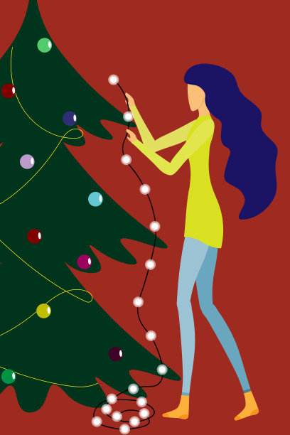 女孩在圣诞树上挂了一个花环图片下载