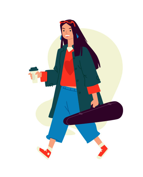 一个女孩喝着卡布奇诺咖啡的插图。向量。一个女人早上跑去排练。日常的音乐家。提神的早晨咖啡。一个带小提琴盒的雇佣杀手带着一把步枪。平的风格。图片下载
