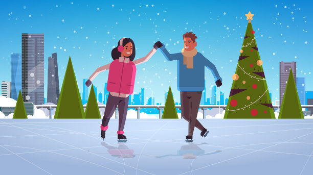 夫妇滑冰在溜冰场冬季运动活动娱乐在假日概念男人女人手牵手一起花时间下雪城市景观背景全长水平图片下载