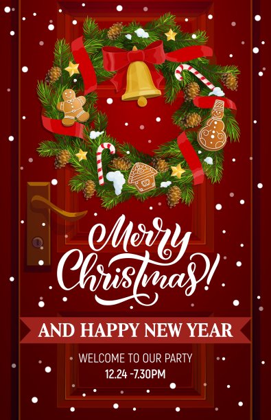 带圣诞铃铛的圣诞花环。房子装饰门图片下载