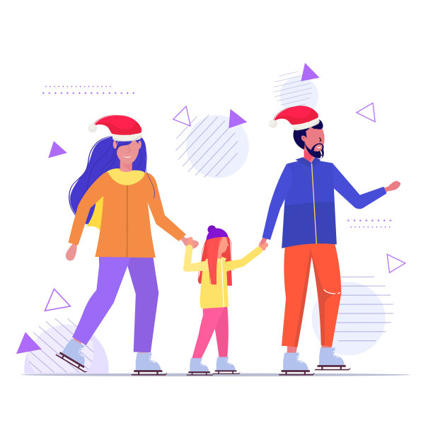 在溜冰场的家庭：冬季运动，圣诞新年假期概念，戴着圣诞帽的父母和孩子共度时光完整草图素材图片