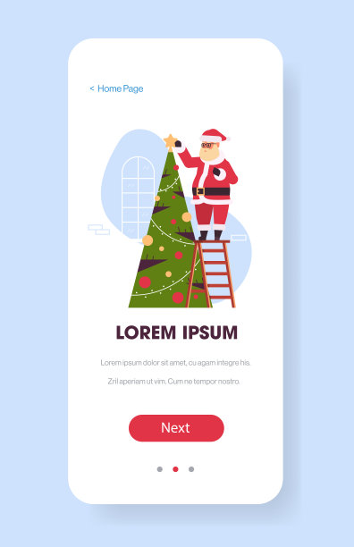 圣诞老人站在梯子上装饰冷杉树圣诞快乐新年假期概念智能手机屏幕在线移动应用程序贺卡垂直图片下载